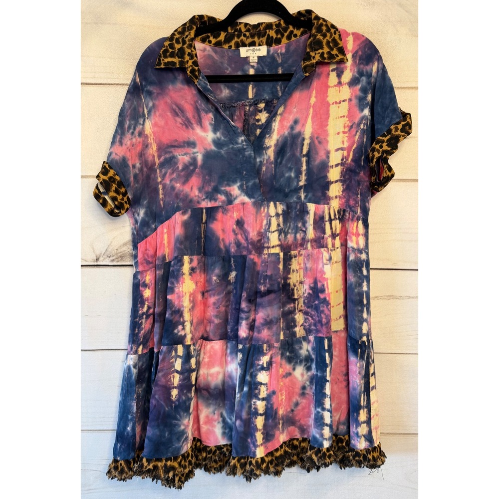 Umgee USA Tie Dye Leopard Print Tiered Babydoll Tunic Top Blue Pink M A6161